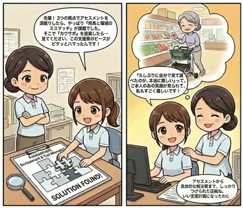 カウサポ導入の成功を喜ぶスタッフの2コマ漫画。後輩「先輩!3つの視点でアセスメントを深掘りしたら『用具と環境のミスマッチ』が課題でした。そこでカウサポを提案したら、この支援策のピースがピタッとハマったんです!利用者様も『久しぶりに自分で見て選べたのが本当に嬉しい』って。」先輩「アセスメントから具体的な解決策までしっかり繋げられた証拠ね。いい支援計画になったわね!」