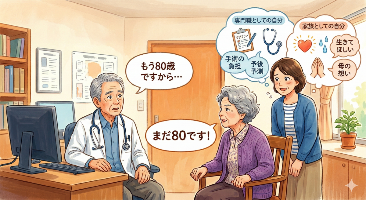 医師はもう80歳と言って高齢女性がまだ80歳と言っている図