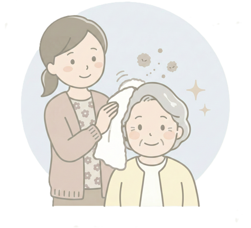洗髪してもらった高齢女性と髪の毛を拭くご家族