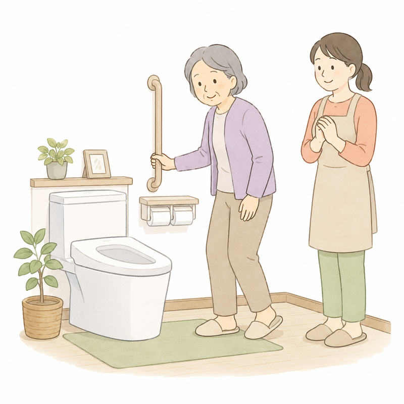 トイレでの排泄を続けたい高齢者と、掃除や声かけに配慮する家族を表したイラスト