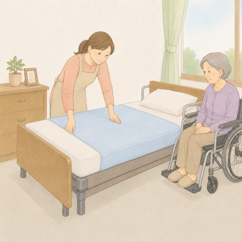寝具汚れへの備えとして、防水シーツや寝具交換に配慮する場面を表したイラスト
