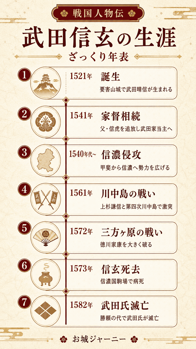 武田信玄の生涯を7つの出来事でまとめた年表図