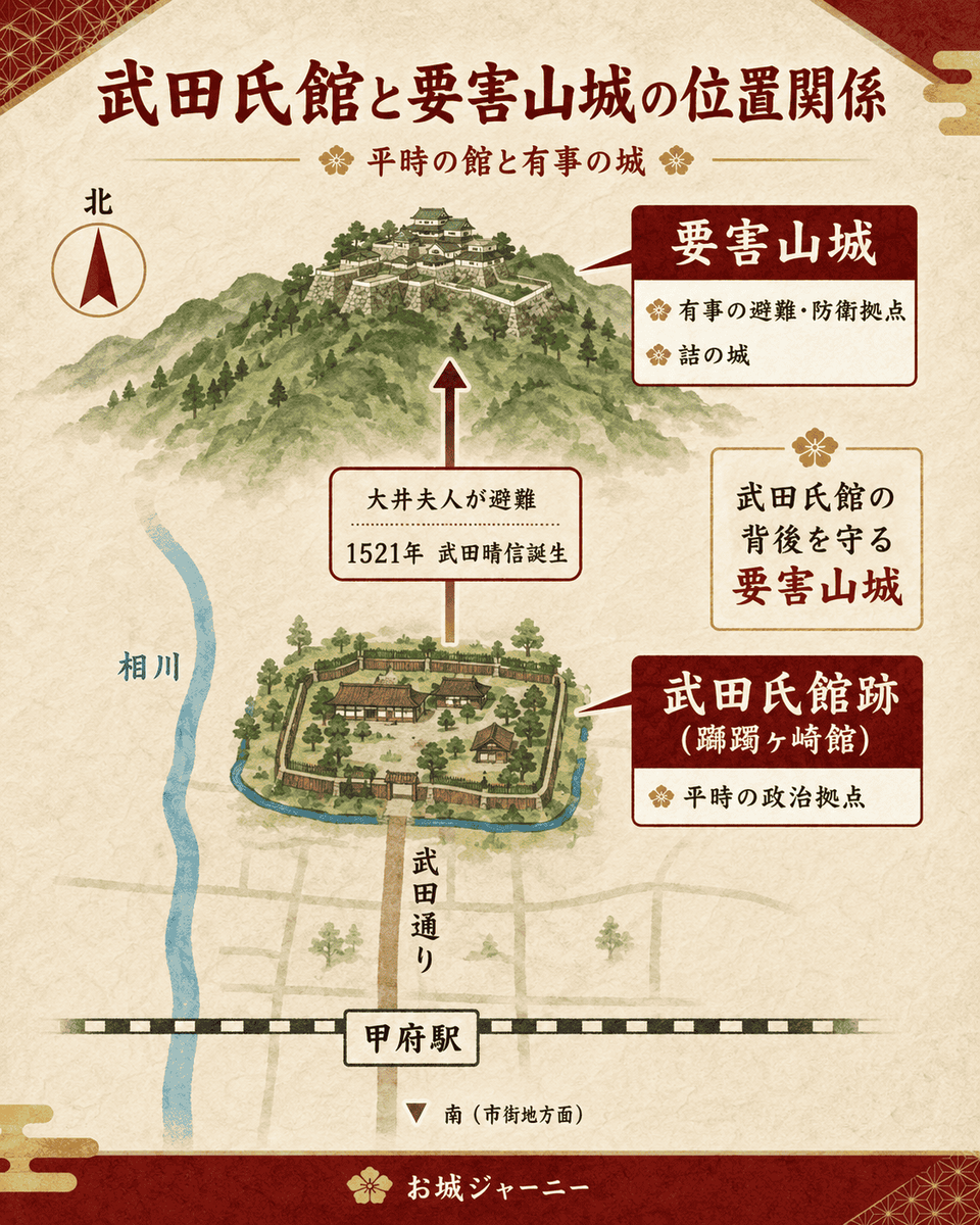 武田氏館跡と要害山城の位置関係を示した図解
