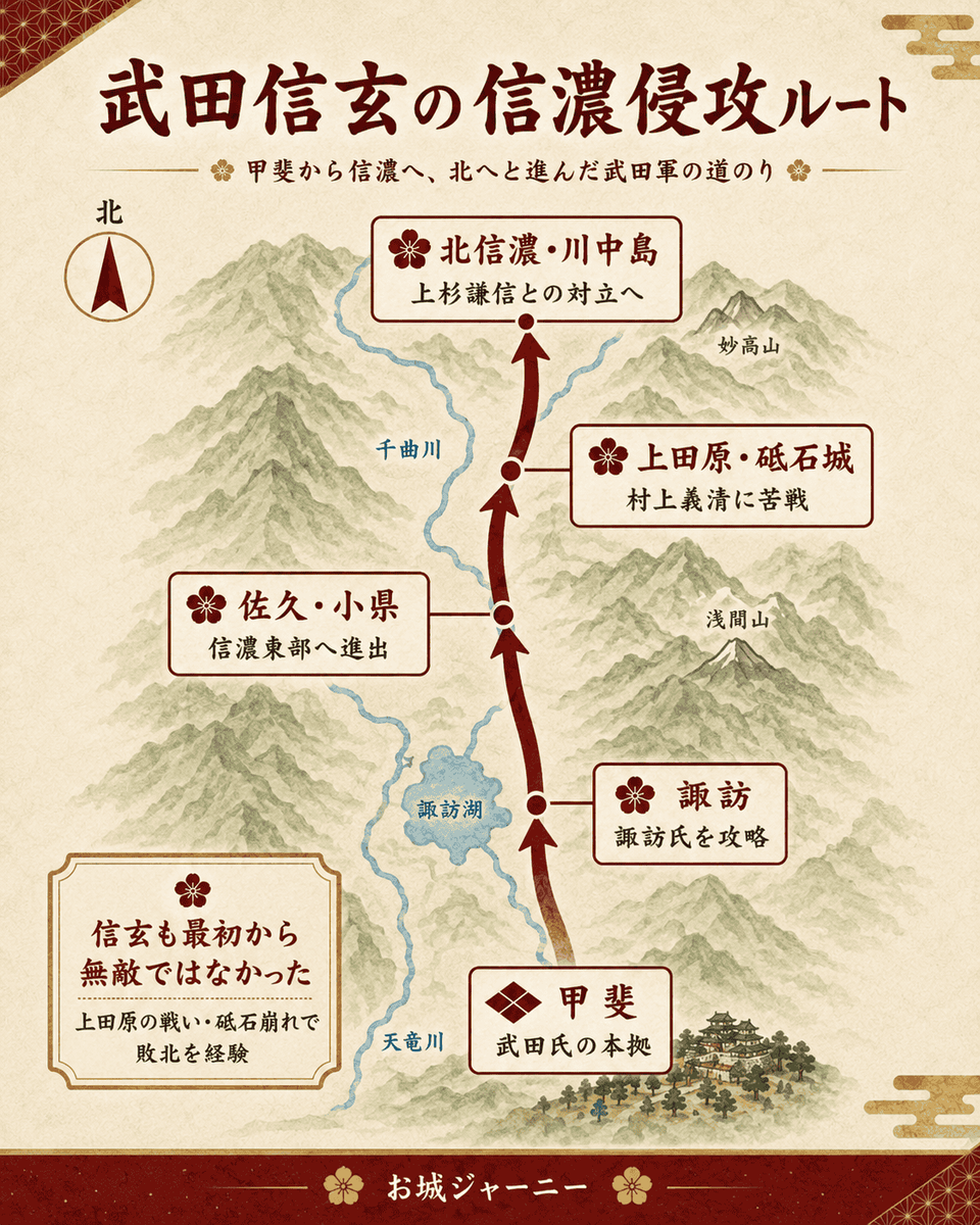 武田信玄の信濃侵攻ルートを示した図解