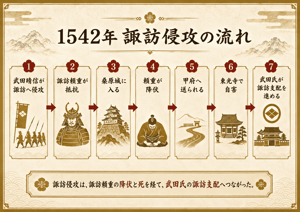 武田信玄による1542年の諏訪侵攻から、諏訪頼重の降伏・甲府送還・東光寺での自害、武田氏による諏訪支配までの流れを示した図解