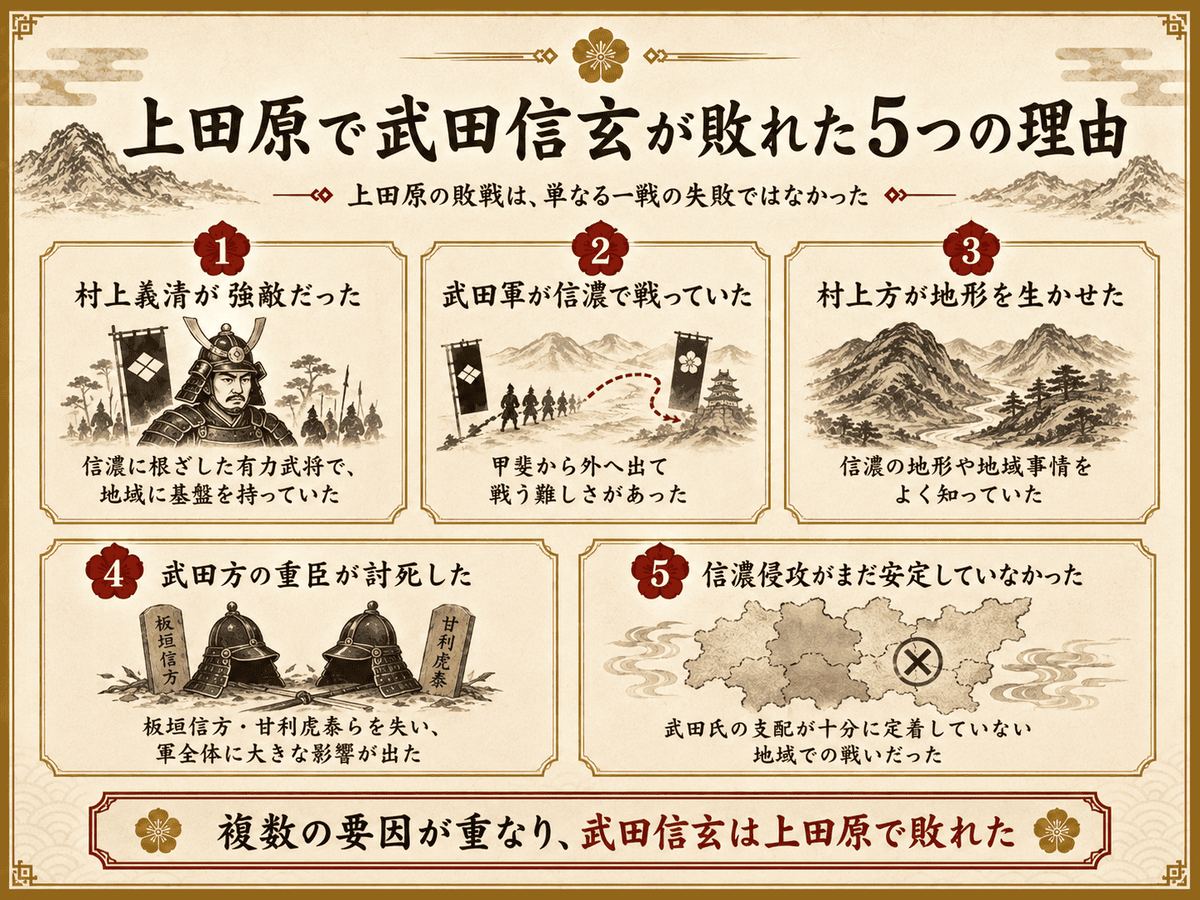 上田原の戦いで武田信玄が敗れた理由を、村上義清の強さ、信濃の地形、外征の難しさ、重臣の討死、信濃支配の不安定さの5点で整理した図解