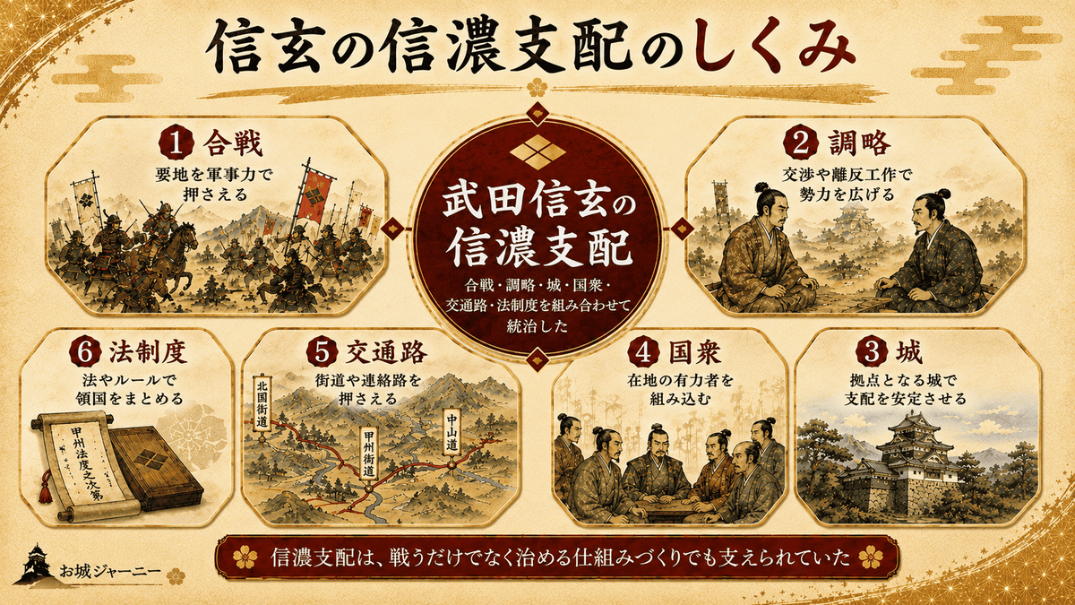 武田信玄の信濃支配を支えた合戦、調略、城、国衆、交通路、法制度の関係を示した図解