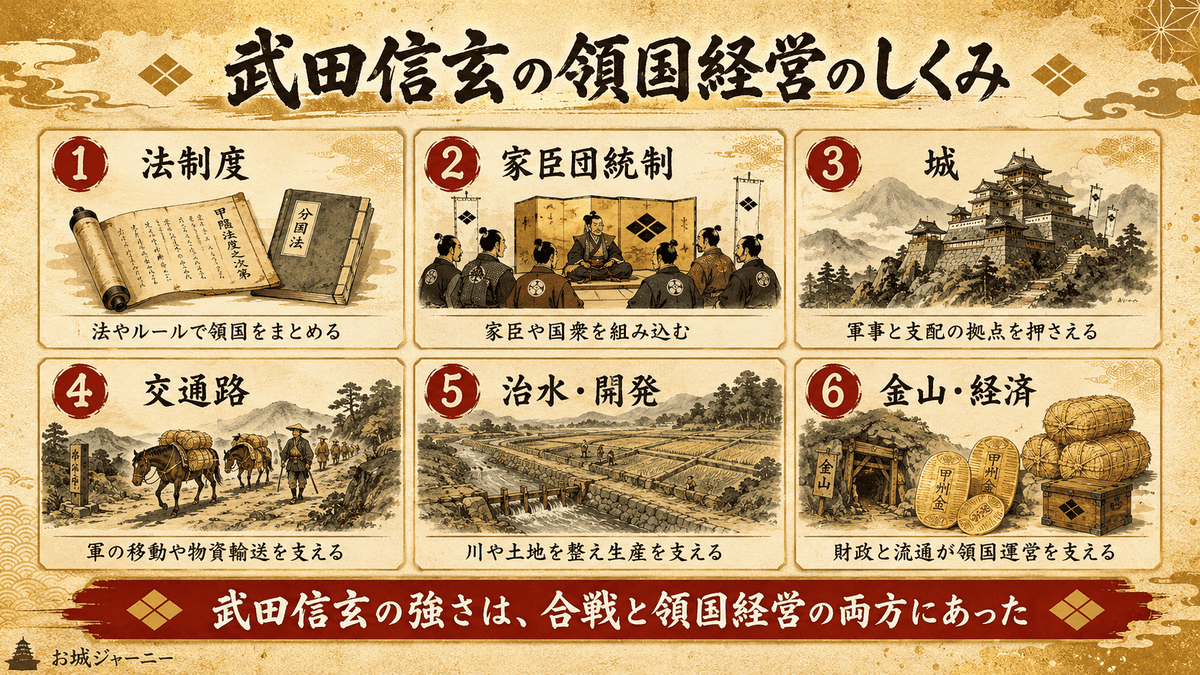 武田信玄の領国経営を支えた法制度、家臣団統制、城、交通路、治水開発、経済の要素を示す図解