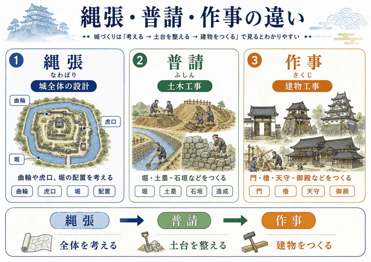 縄張 普請 作事の違いを初心者向けに整理した図解