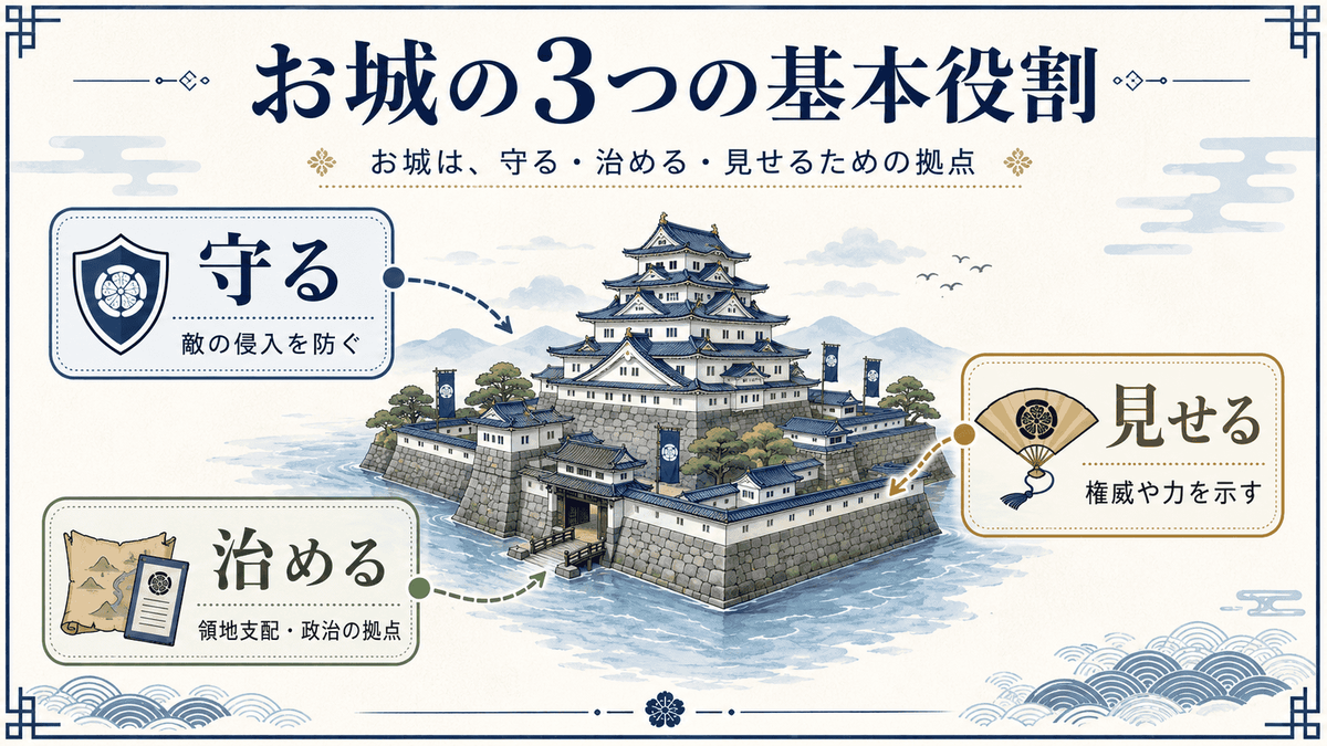 お城の3つの基本役割を示す図解 中央の城のイラストから 守る 治める 見せるの3つの役割と 敵の侵入を防ぐ 領地支配や政治の拠点 権威や力を示すという意味を整理している