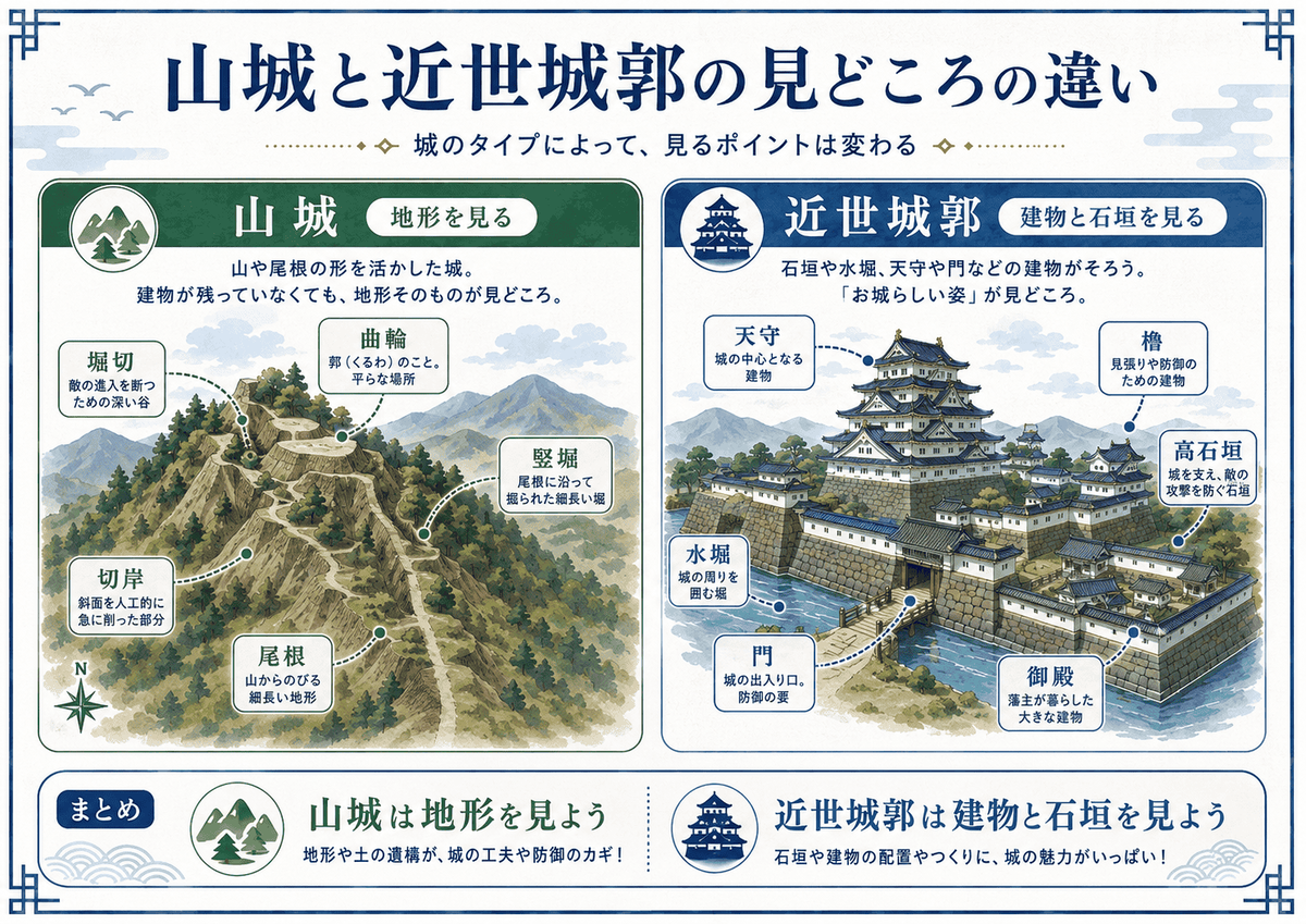 山城と近世城郭の見どころの違いを比較した図解 左は山城で 堀切 曲輪 竪堀 切岸 尾根など地形を見る城 右は近世城郭で 天守 水堀 門 櫓 高石垣 御殿など建物と石垣を見る城として整理している