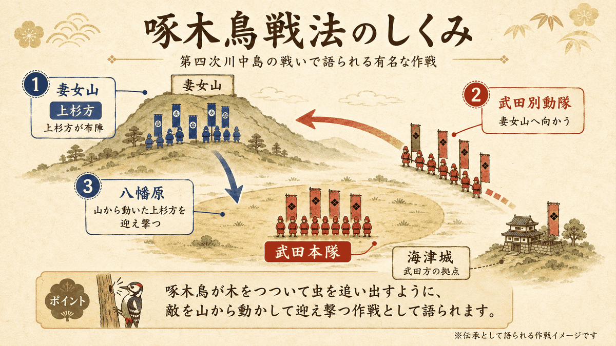啄木鳥戦法のしくみ 敵を妻女山から動かし八幡原で迎え撃つ作戦イメージを示した図解