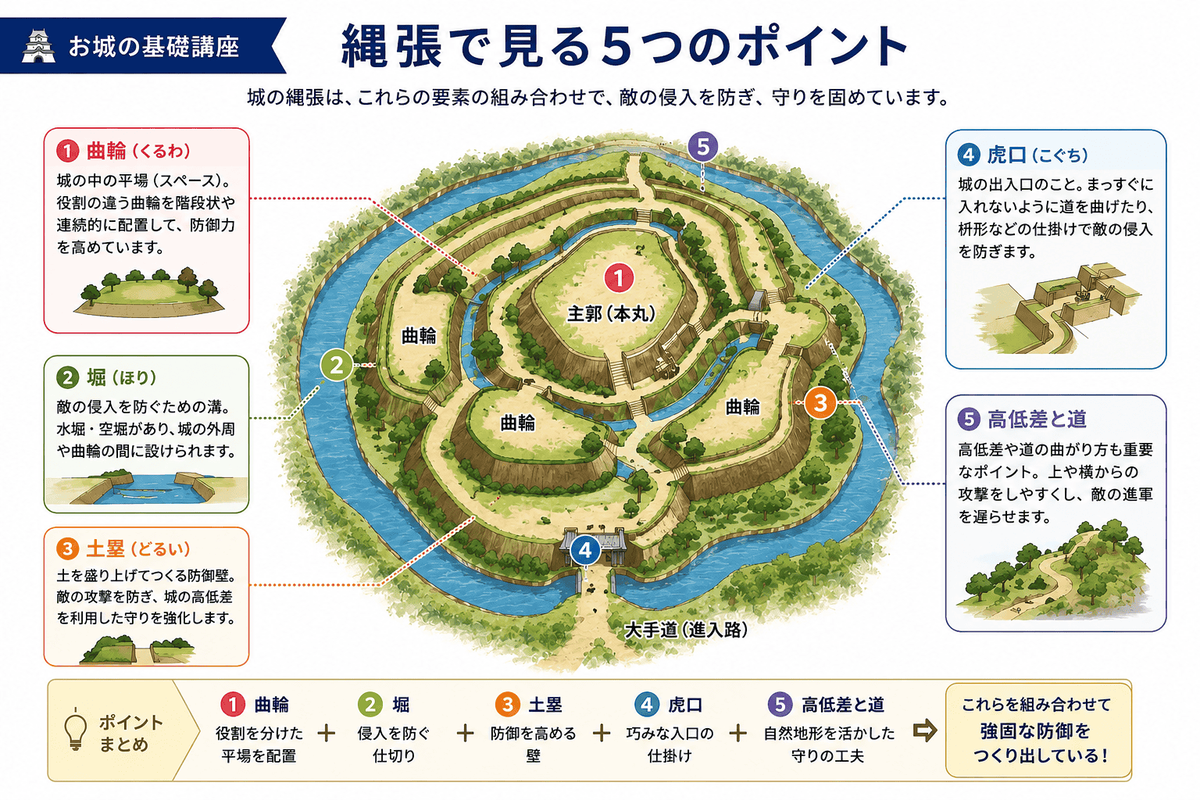 縄張で見る5つのポイントを示す図解 曲輪 堀 土塁 虎口 高低差と道に注目すると 城全体の守り方が見えてくることを初心者向けに整理している