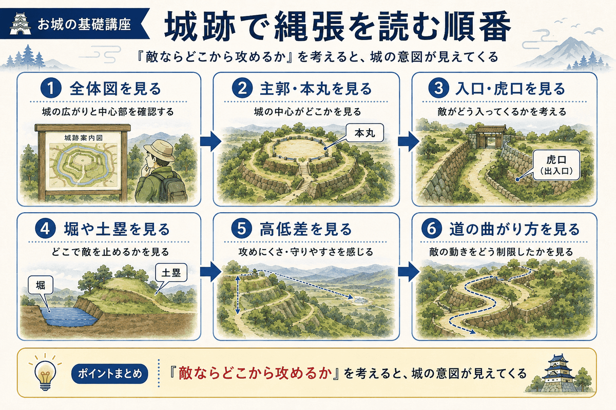 城跡で縄張を読む順番を示す図解 全体図を見る 主郭や本丸を見る 入口や虎口を見る 堀や土塁を見る 高低差を見る 道の曲がり方を見るという6つのステップで 城の意図を読み解く流れを初心者向けに整理している
