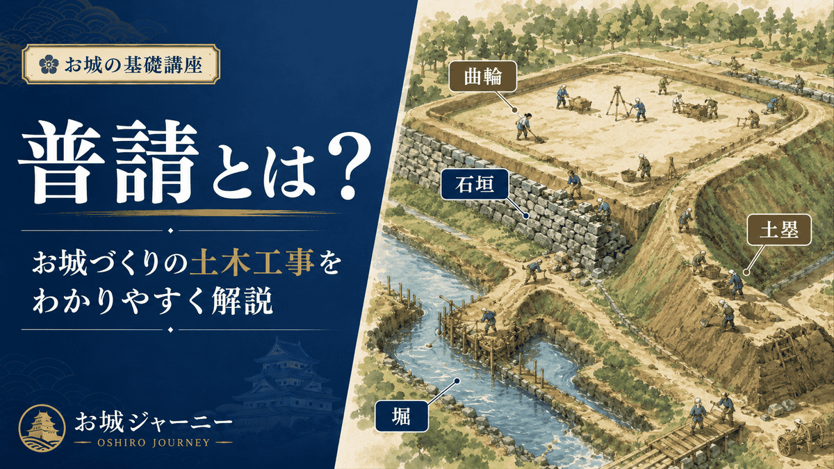 普請とは お城づくりの土木工事をわかりやすく解説する基礎講座のアイキャッチ 堀を掘り 土塁を築き 曲輪を整え 石垣を築く様子を描き 城の土台をつくる工事を表している