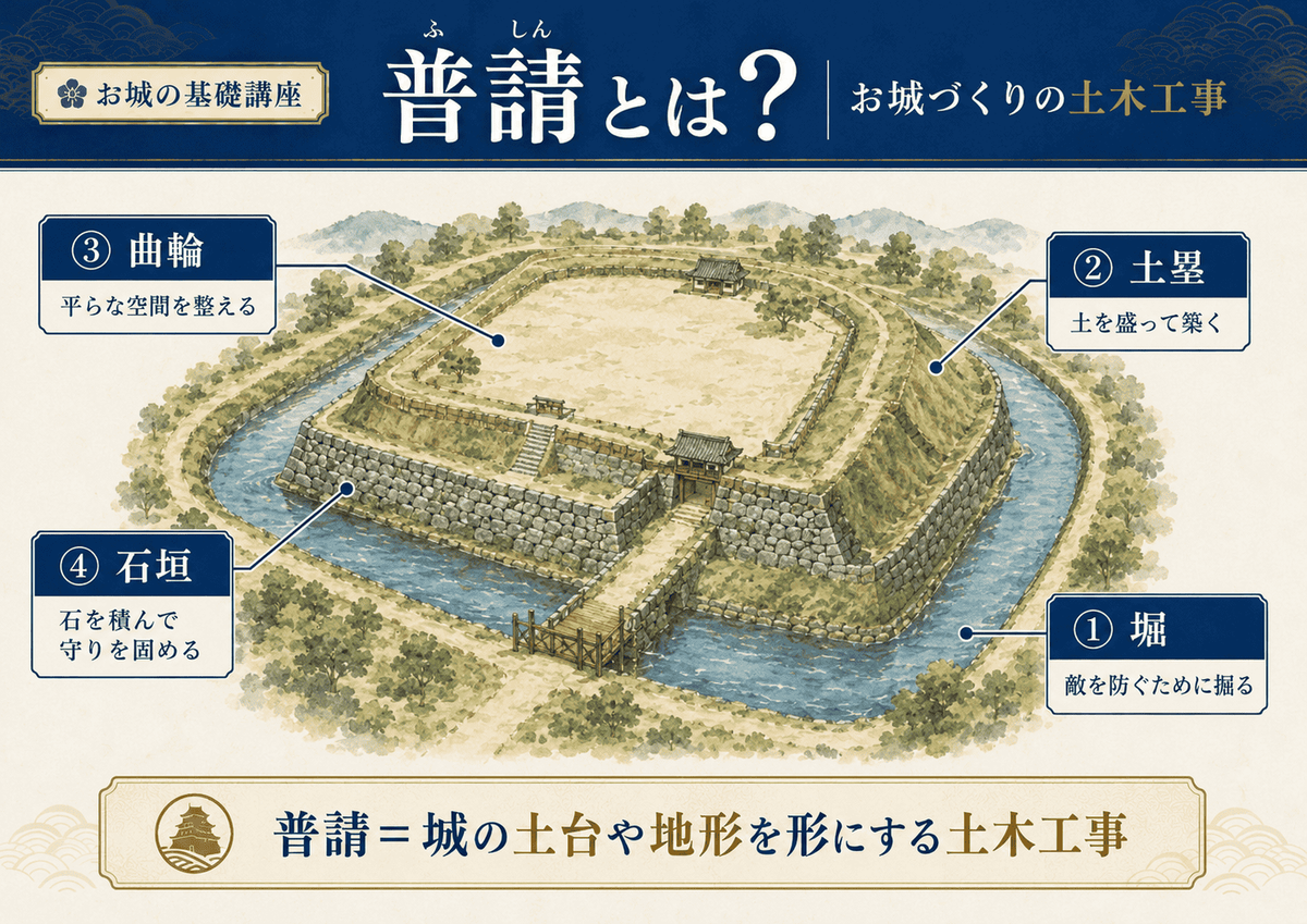 普請とは何かを示す図解 堀を掘る 土塁を築く 曲輪を整える 石垣を築くという4つの要素を城の模式図で示し 普請が城の土台や地形を形にする土木工事であることを初心者向けに整理している