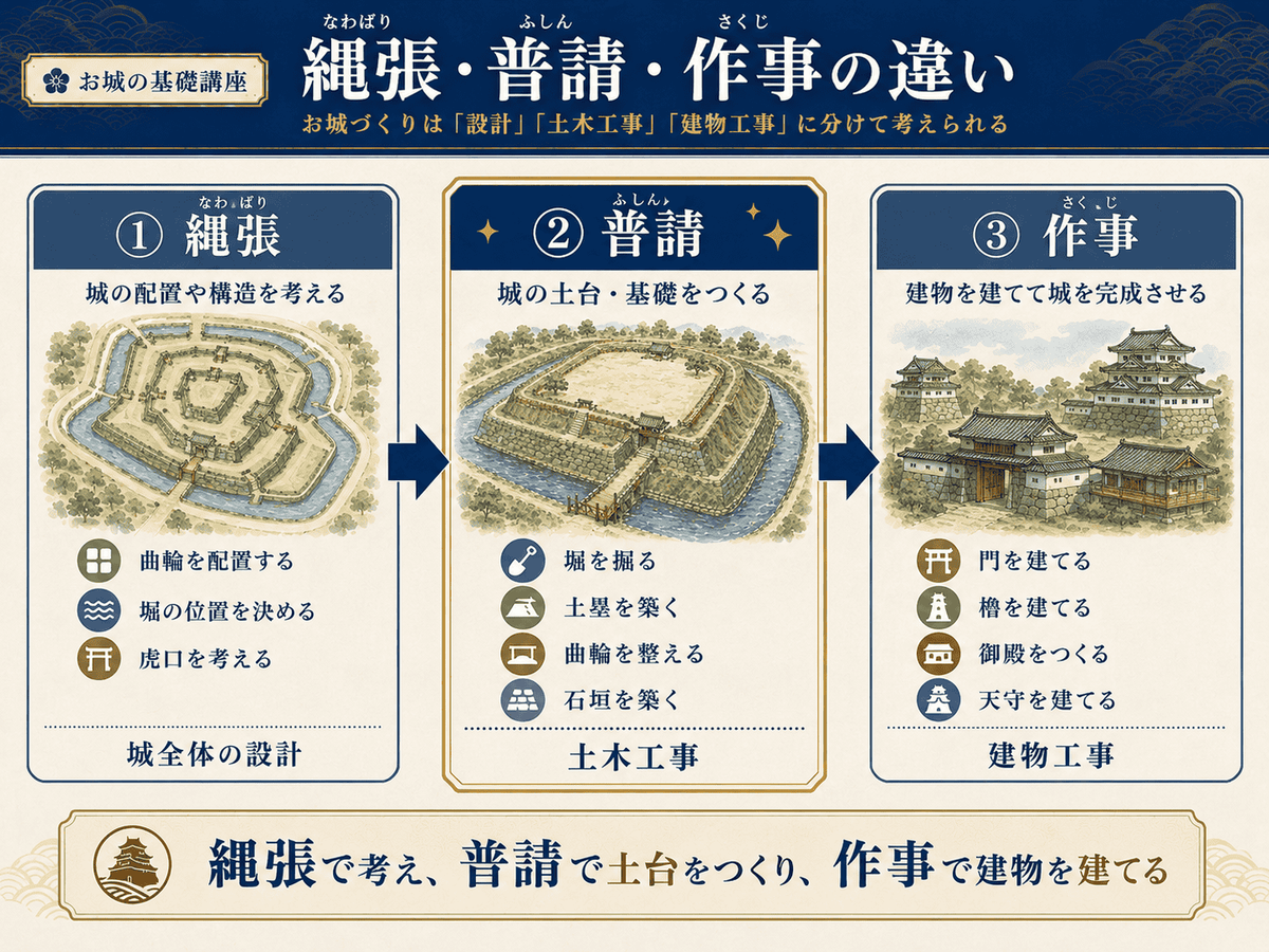 縄張 普請 作事の違いを示す図解 縄張は城の配置や構造を考える設計 普請は堀 土塁 曲輪 石垣をつくる土木工事 作事は門 櫓 御殿 天守を建てる建物工事として お城づくりの流れを初心者向けに整理している