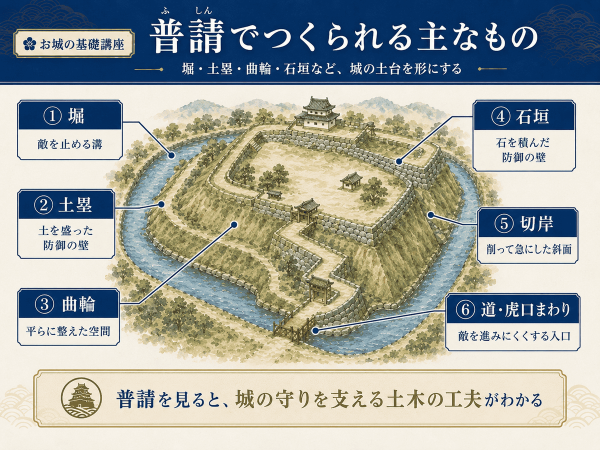 普請でつくられる主なものを示す図解 堀 土塁 曲輪 石垣 切岸 道や虎口まわりを城の模式図の中で整理し 普請を見ると城の守りを支える土木の工夫がわかることを初心者向けに示している