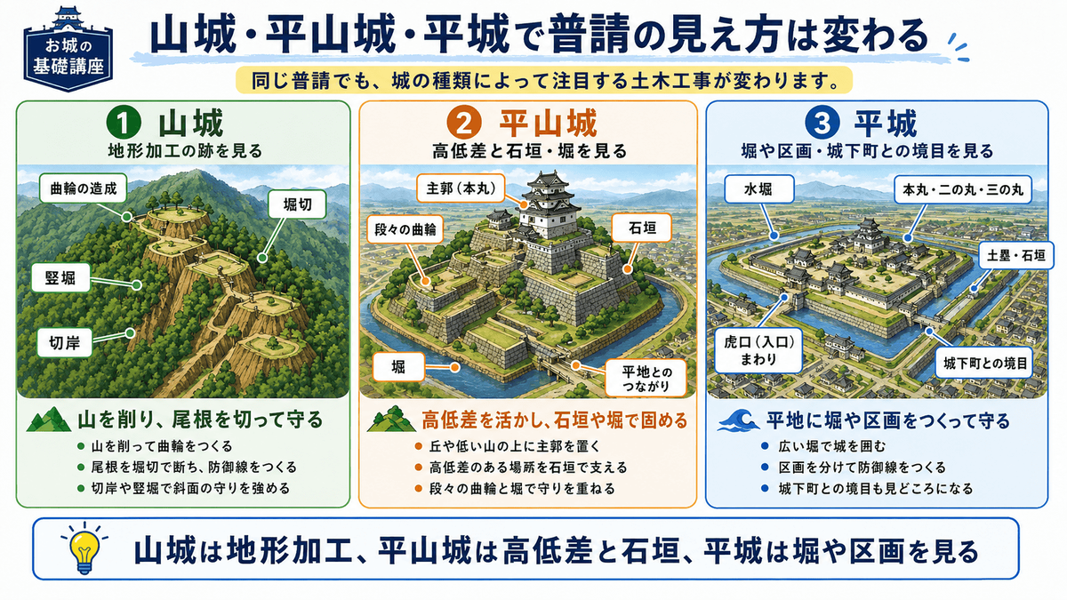山城 平山城 平城で普請の見え方が変わることを比較した図解 山城は曲輪の造成 堀切 竪堀 切岸などの地形加工を見る 平山城は高低差 石垣 堀 段々の曲輪を見る 平城は水堀 区画 土塁 石垣 城下町との境目を見ることを初心者向けに整理している