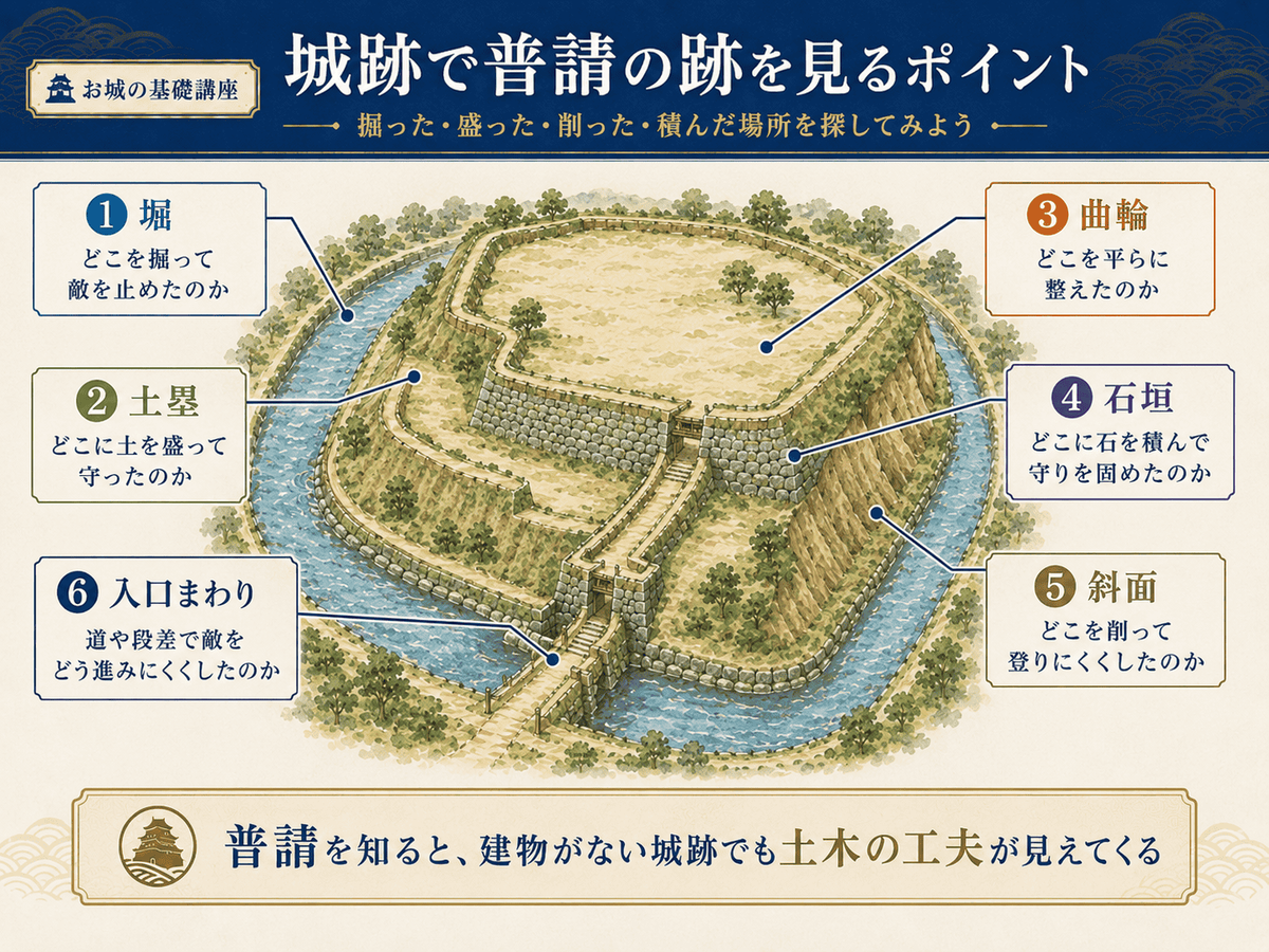 城跡で普請の跡を見るポイントを示す図解 堀 土塁 曲輪 石垣 斜面 入口まわりの6つに注目し 掘った 盛った 削った 積んだ場所を探すことで 建物がない城跡でも土木の工夫が見えてくることを初心者向けに整理している