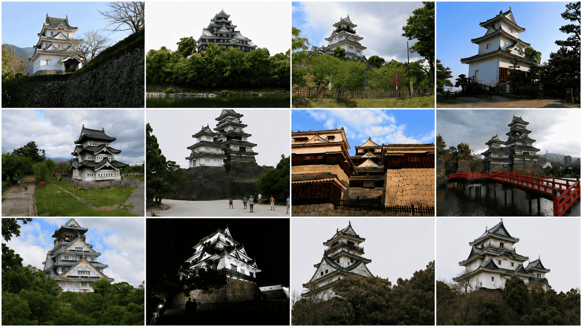 さまざまな天守の写真 作事でつくられる建物として天守にも城ごとの個性があることを示している