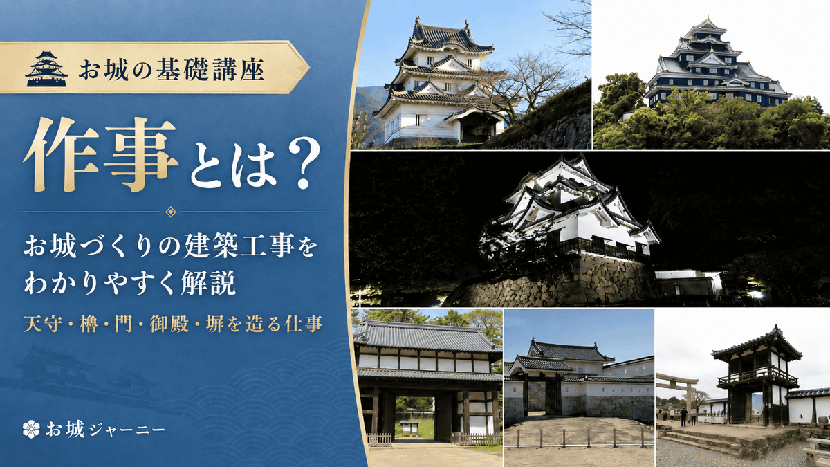 作事とは お城づくりの建築工事をわかりやすく解説する基礎講座のアイキャッチ 天守や城門などの写真を組み合わせ 作事が天守 櫓 門 御殿 塀などの城の建物を造る工事であることを表している