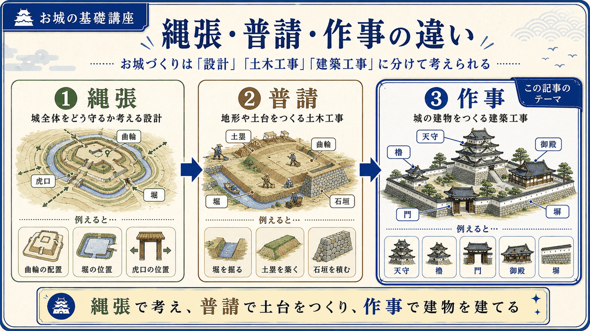 お城づくりの基本ステップを示す図解 縄張で設計を考え 普請で堀や石垣などの土木工事を行い 作事で天守や門などの建物を造る流れを初心者向けに整理している