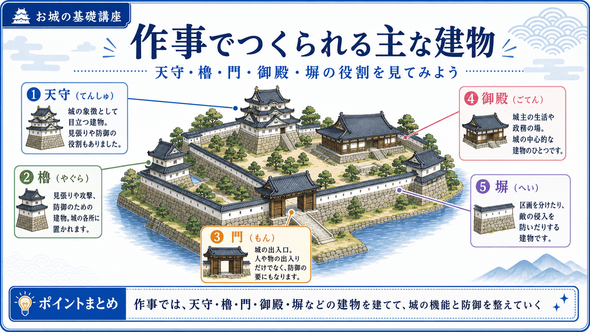 作事でつくられる主な建物を整理した図解 天守 櫓 門 御殿 塀を城の模式図の中で示し それぞれの役割を初心者向けにわかりやすく解説している