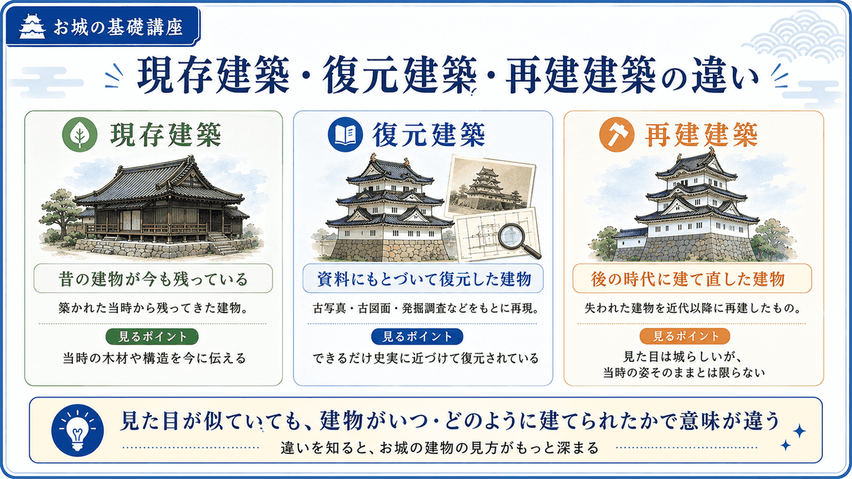 現存建築・復元建築・再建建築の違いを初心者向けに整理した図解 今も残る建物は現存建築 資料にもとづいて復元された建物は復元建築 近代以降に建て直された建物は再建建築として比較している