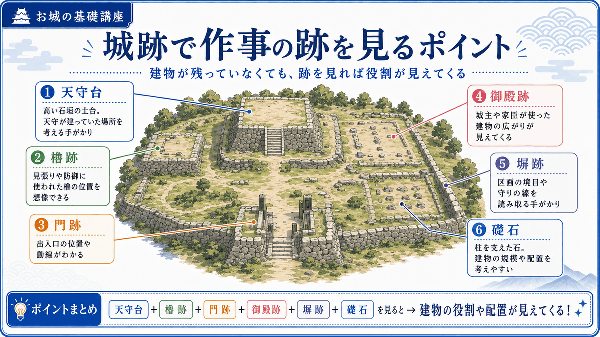 城跡で作事の跡を見るポイントを示す図解 天守台 櫓跡 門跡 御殿跡 塀跡 礎石に注目すると 建物が残っていない城跡でも建物の役割や配置が見えてくることを初心者向けに整理している