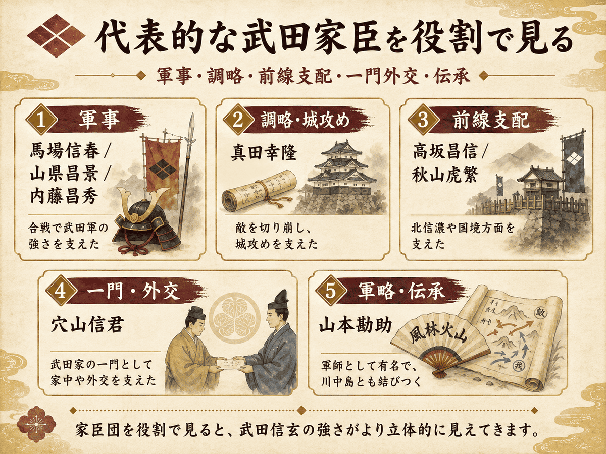 武田信玄の代表的な家臣を軍事調略前線支配一門外交伝承の役割別に整理した図解