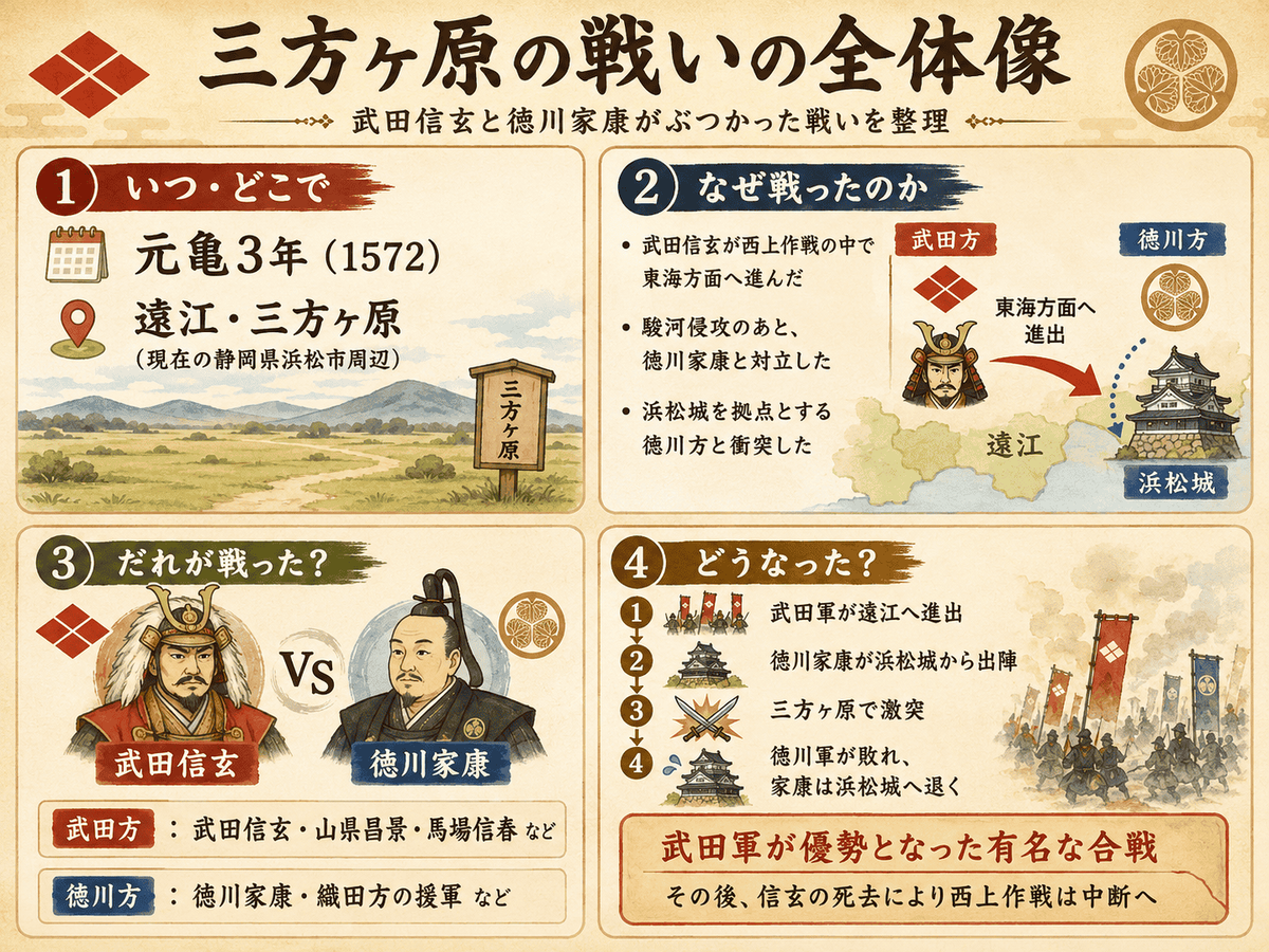 三方ヶ原の戦いの全体像 武田信玄と徳川家康の対立や浜松城三方ヶ原西上作戦の関係を整理した図解