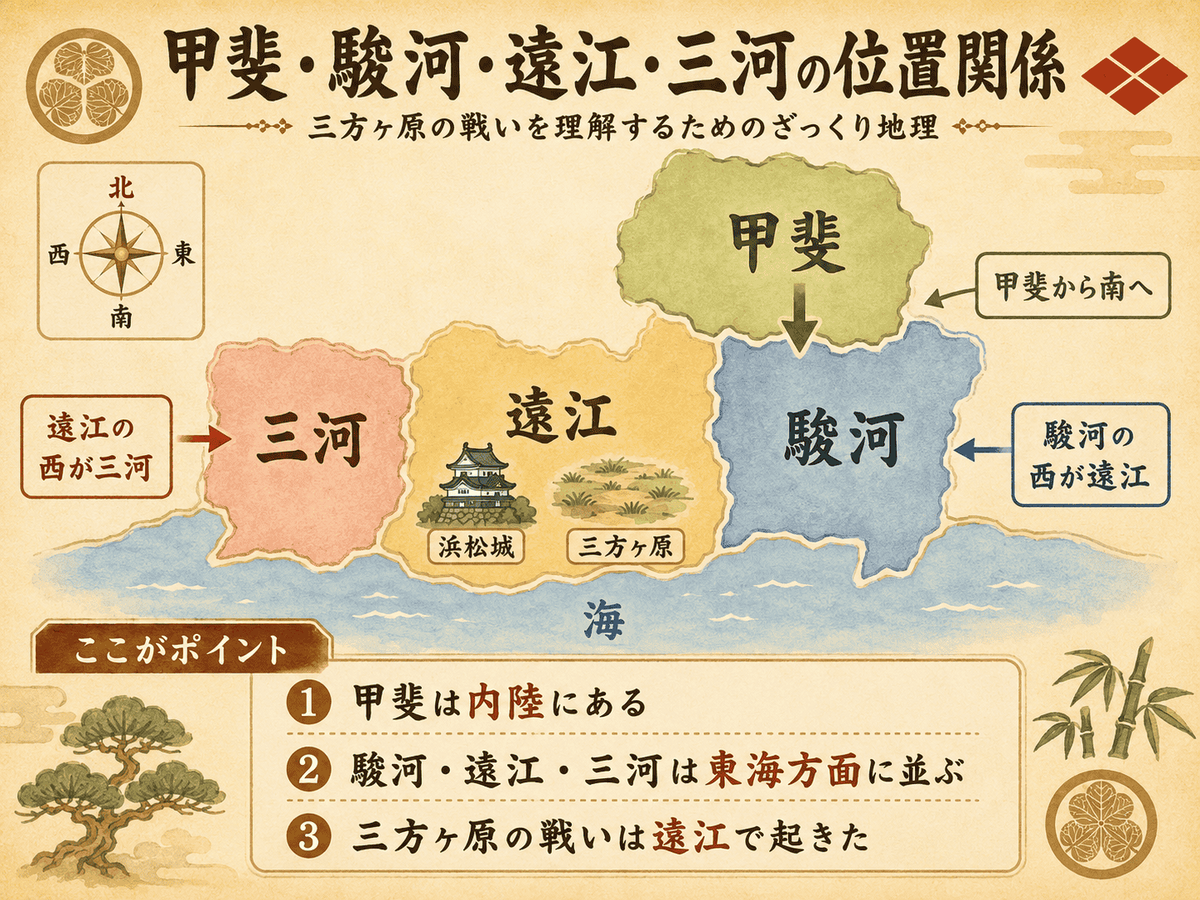 三方ヶ原の戦いを理解するために甲斐駿河遠江三河の位置関係を整理した図解