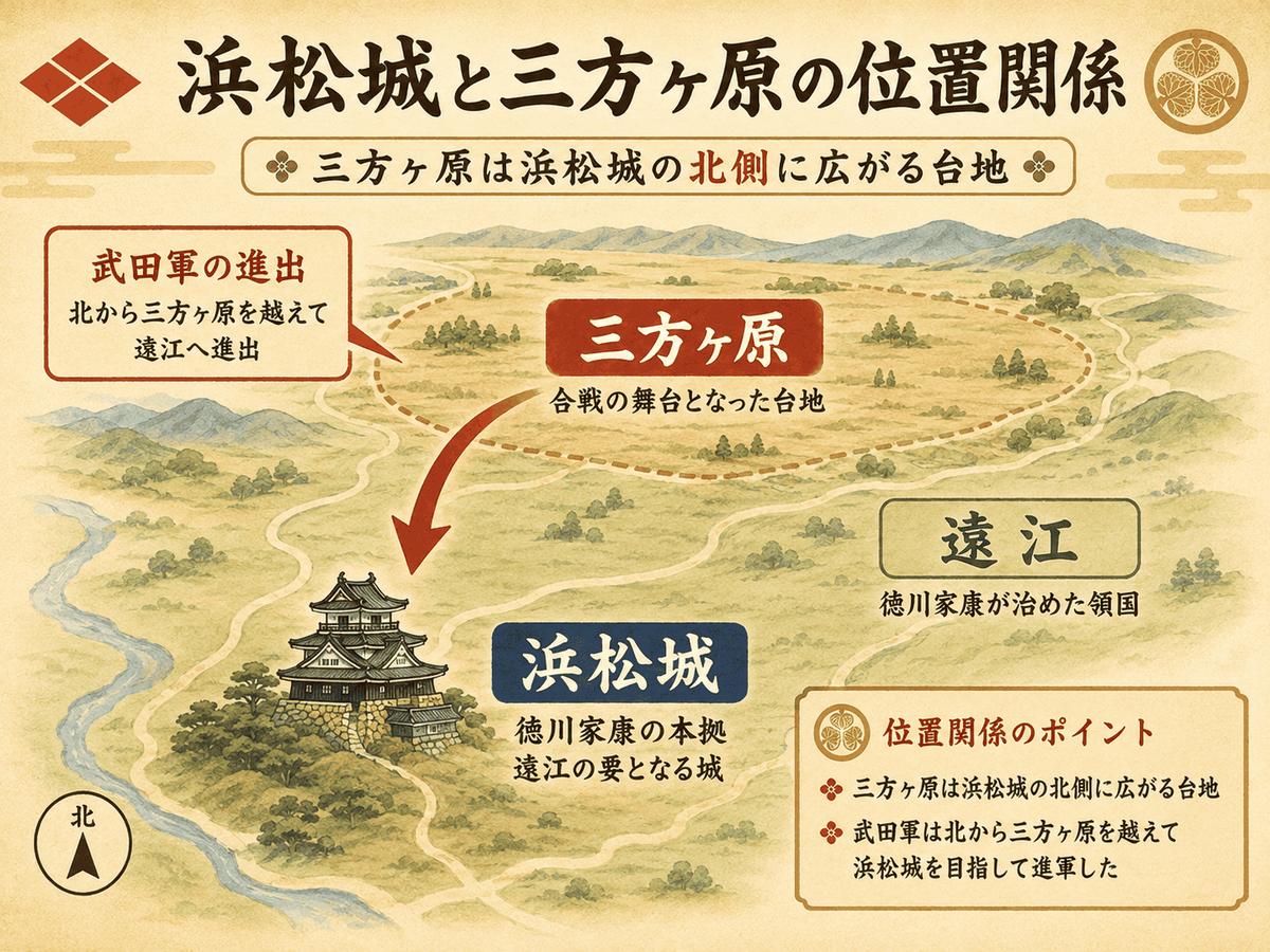 浜松城と三方ヶ原の位置関係 徳川家康が浜松城から出陣して三方ヶ原で戦った流れを示す図解