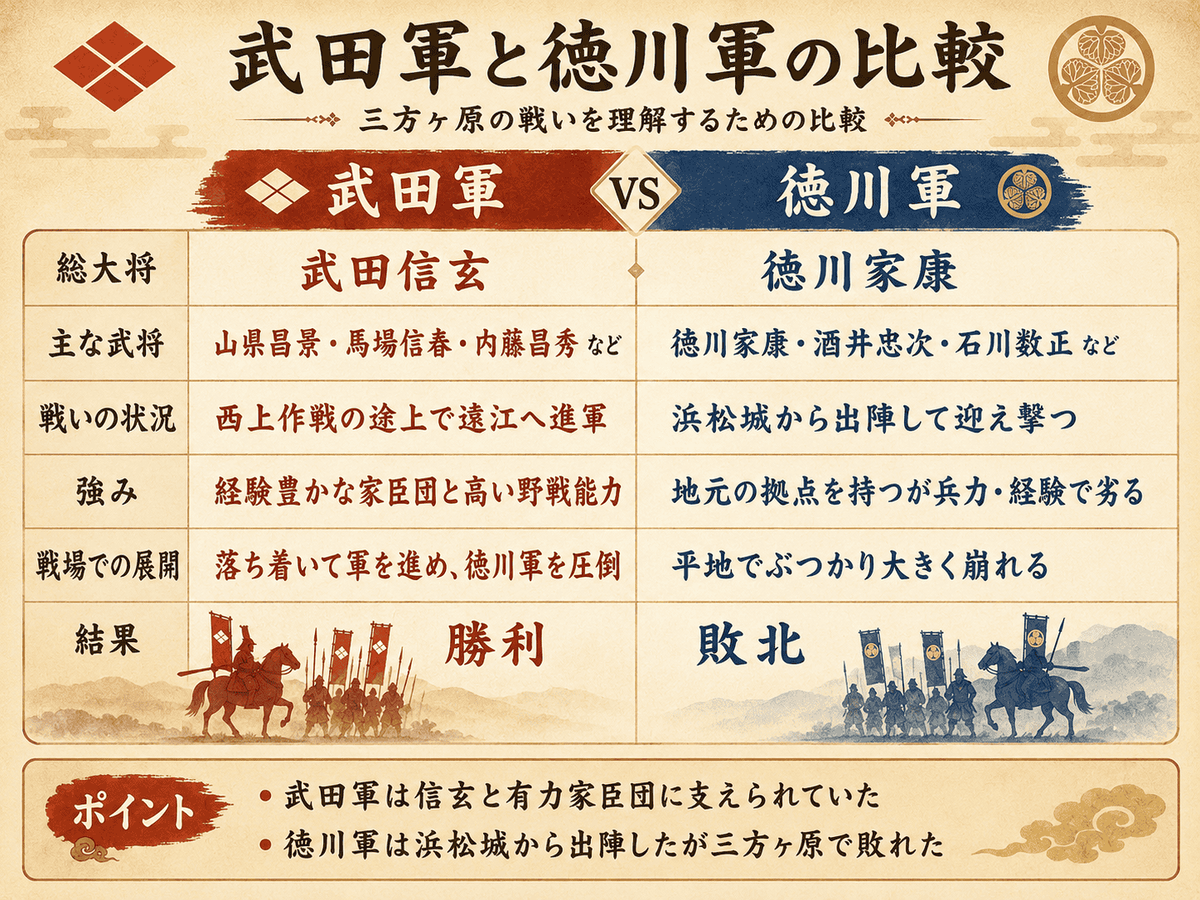 三方ヶ原の戦いにおける武田軍と徳川軍の違いを兵力経験指揮判断の面から整理した図解