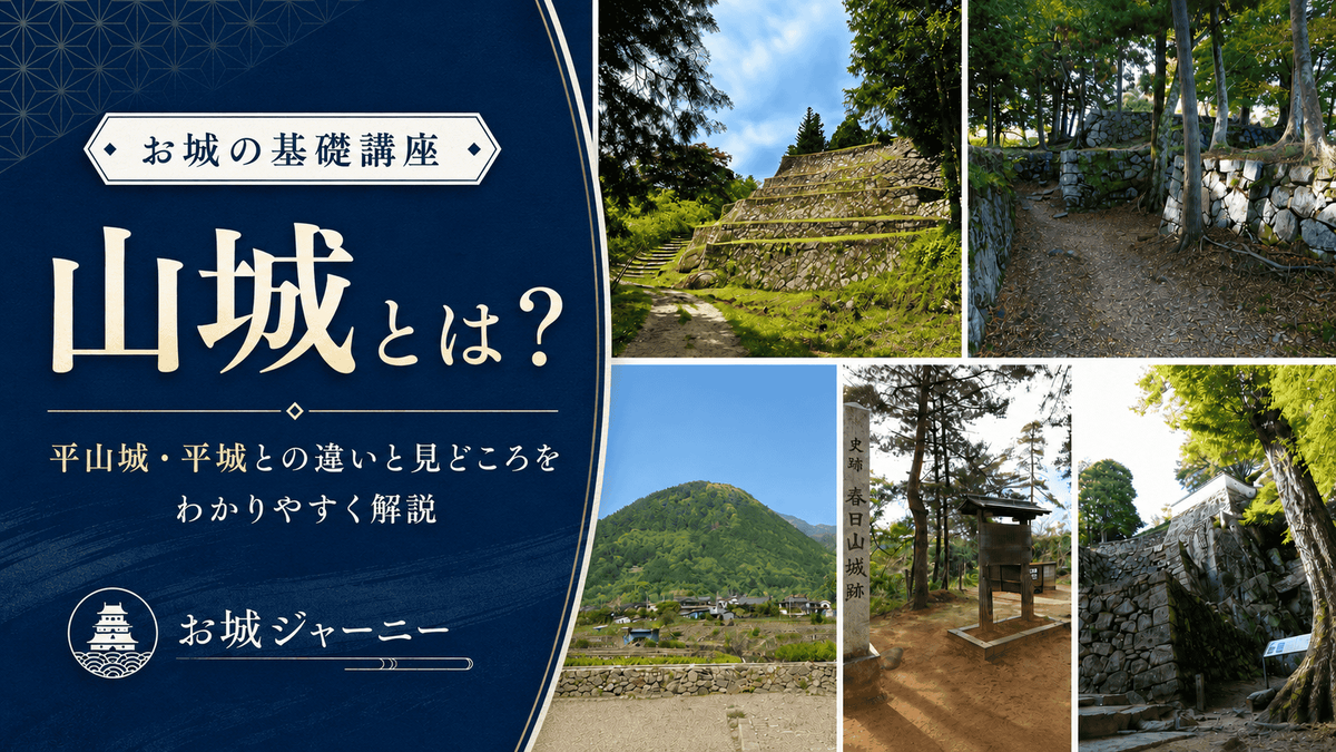 山城とは 平山城 平城との違いと見どころをわかりやすく解説する基礎講座のアイキャッチ 山や尾根 曲輪 堀切 竪堀 土塁 虎口など山城の特徴を示している