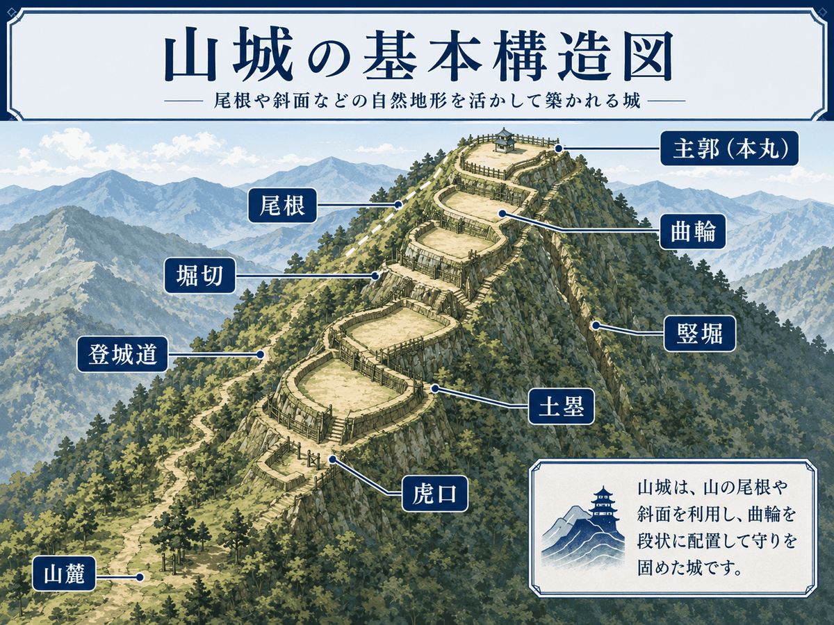 山城の基本構造を示す図解 山や尾根を利用し 曲輪 堀切 竪堀 土塁 虎口などを配置して守る城であることを初心者向けに整理している