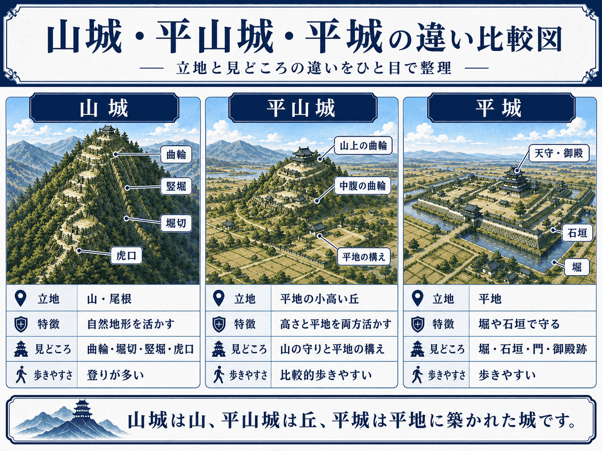 山城 平山城 平城の違いを示す比較図 山城は山や尾根 平山城は丘や台地 平城は平地に築かれる城として 立地と見どころの違いを初心者向けに整理している
