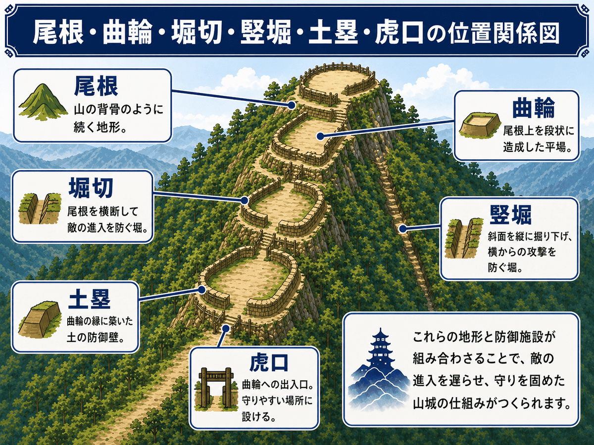 山城の尾根 曲輪 堀切 竪堀 土塁 虎口の位置関係を示す図解 それぞれが山城のどこにあり どのように守りに関わるかを初心者向けに整理している