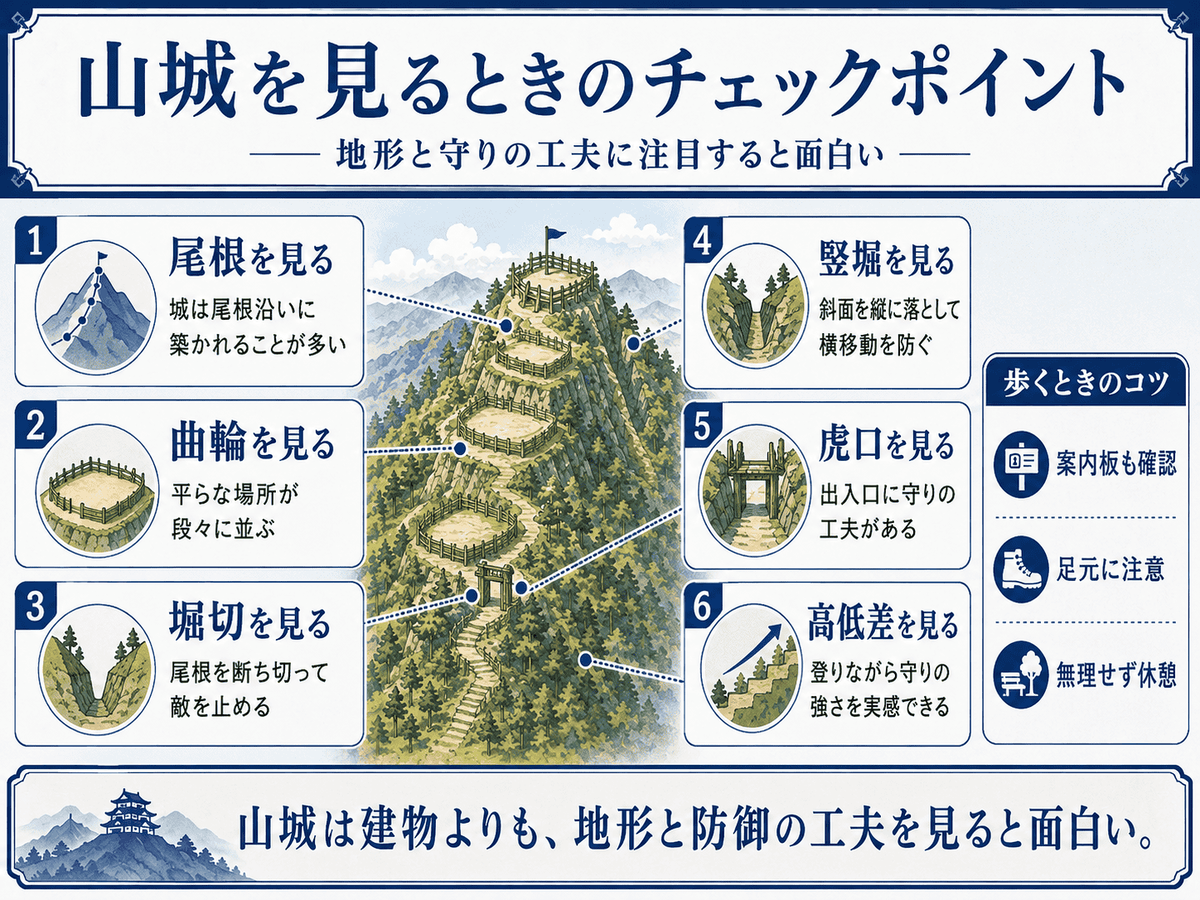 山城を見るときのチェックポイントを示す図解 入口 虎口 曲輪 堀切 竪堀 土塁 眺望に注目すると 地形と守りの工夫が見えてくることを初心者向けに整理している