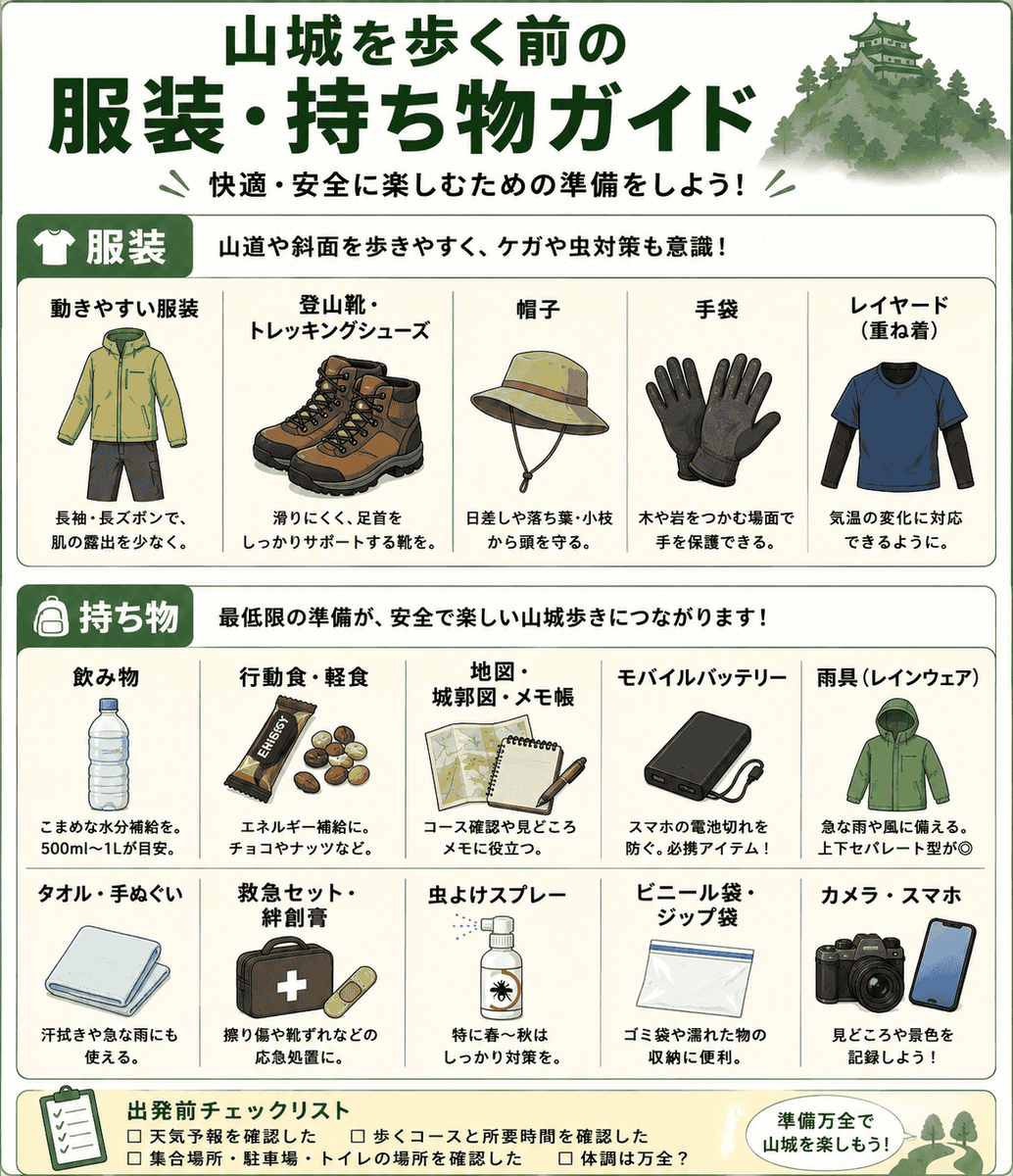 山城を歩く前の服装と持ち物を示す図解 歩きやすい靴 動きやすい服装 水分 虫よけ 雨具 地図を準備すると安心であることを初心者向けに整理している