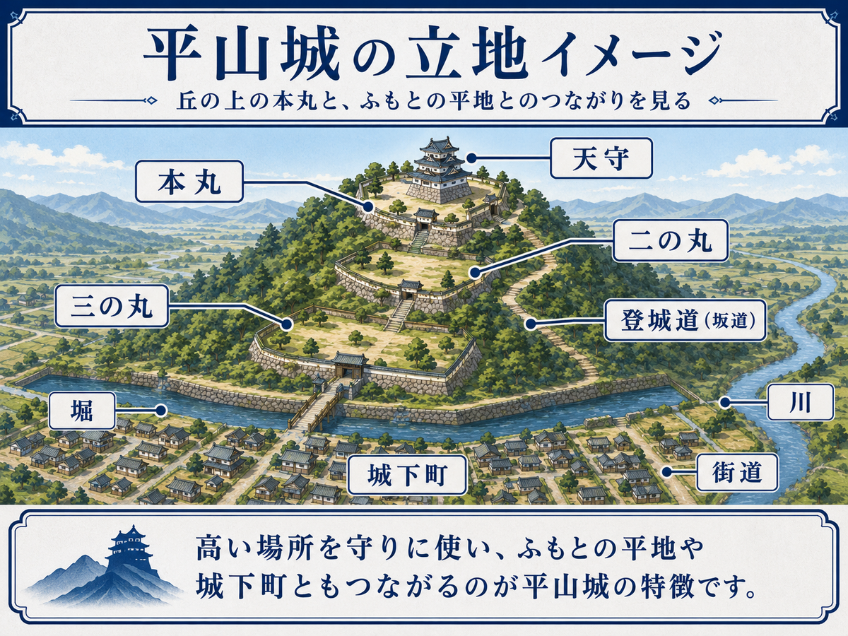平山城の立地イメージを示す図解 丘や台地の上に本丸や天守があり ふもとの平地に二の丸 三の丸 堀 城下町が広がる特徴を初心者向けに整理している