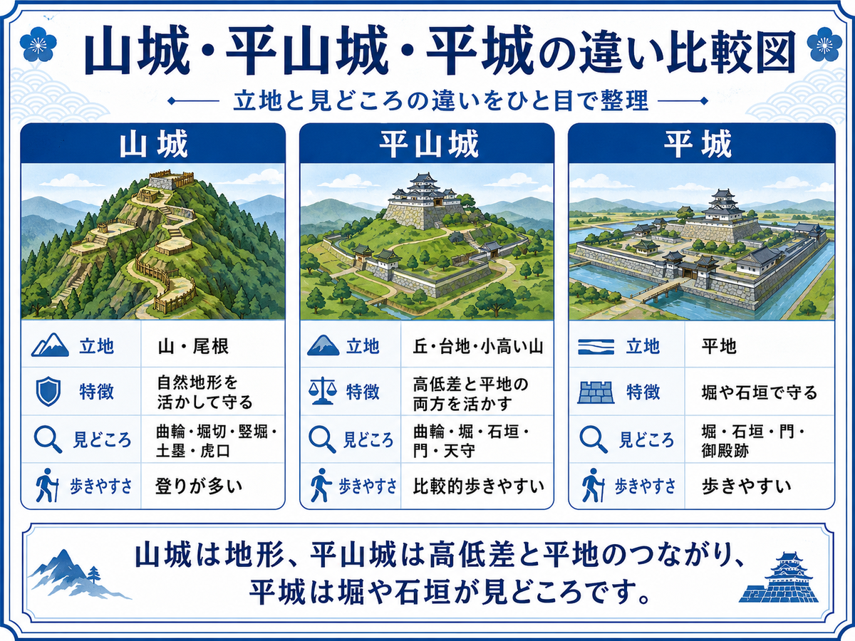 山城 平山城 平城の違いを比較した図解 山城は山や尾根 平山城は丘や台地と平地 平城は平地を利用する城として 立地と見どころの違いを整理している