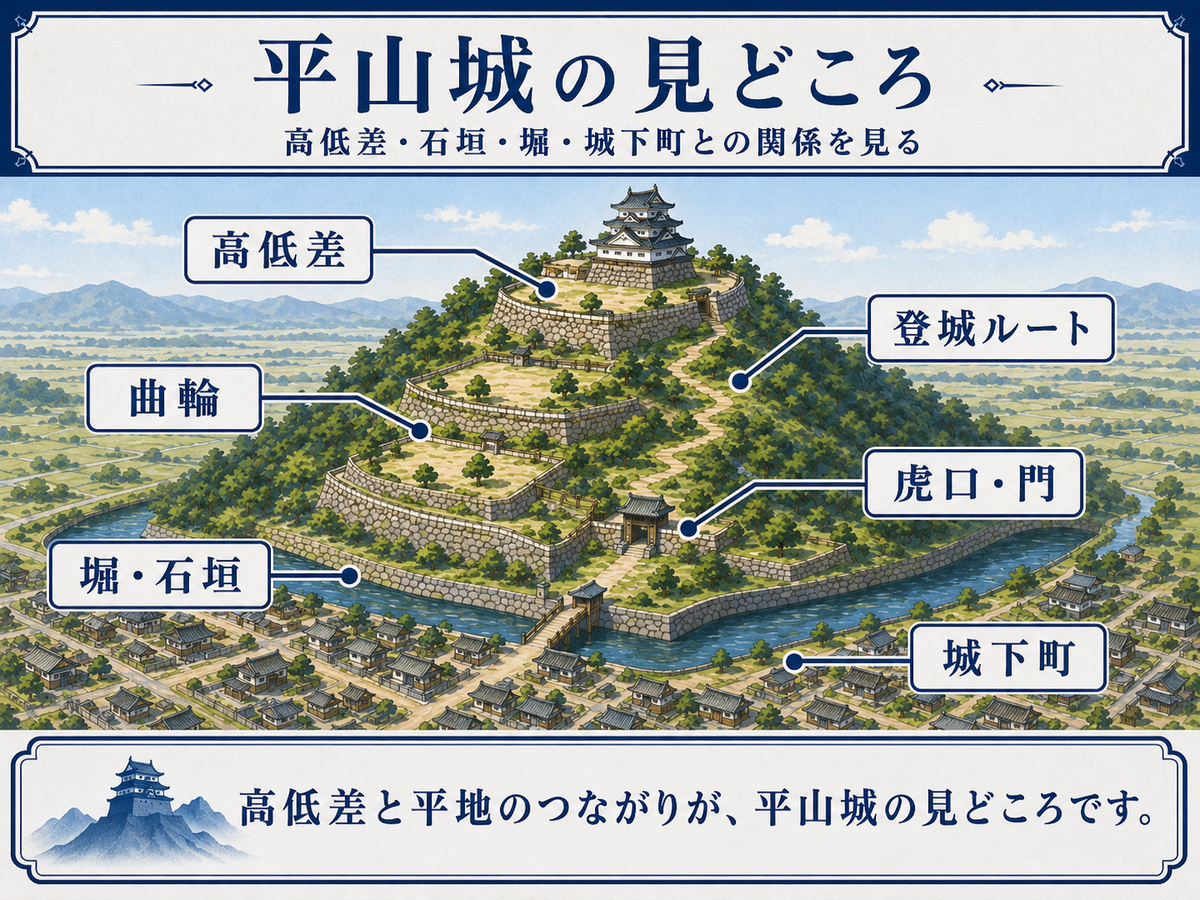 平山城の見どころを示す図解 高低差 曲輪 登城ルート 堀 石垣 虎口 天守 城下町との関係に注目すると 平山城の特徴がわかることを整理している