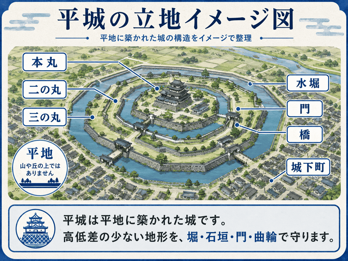 平城の立地イメージを示す図解 平地に本丸 二の丸 三の丸を置き 堀 水堀 石垣で守り 周囲に城下町や街道 川が広がる特徴を初心者向けに整理している