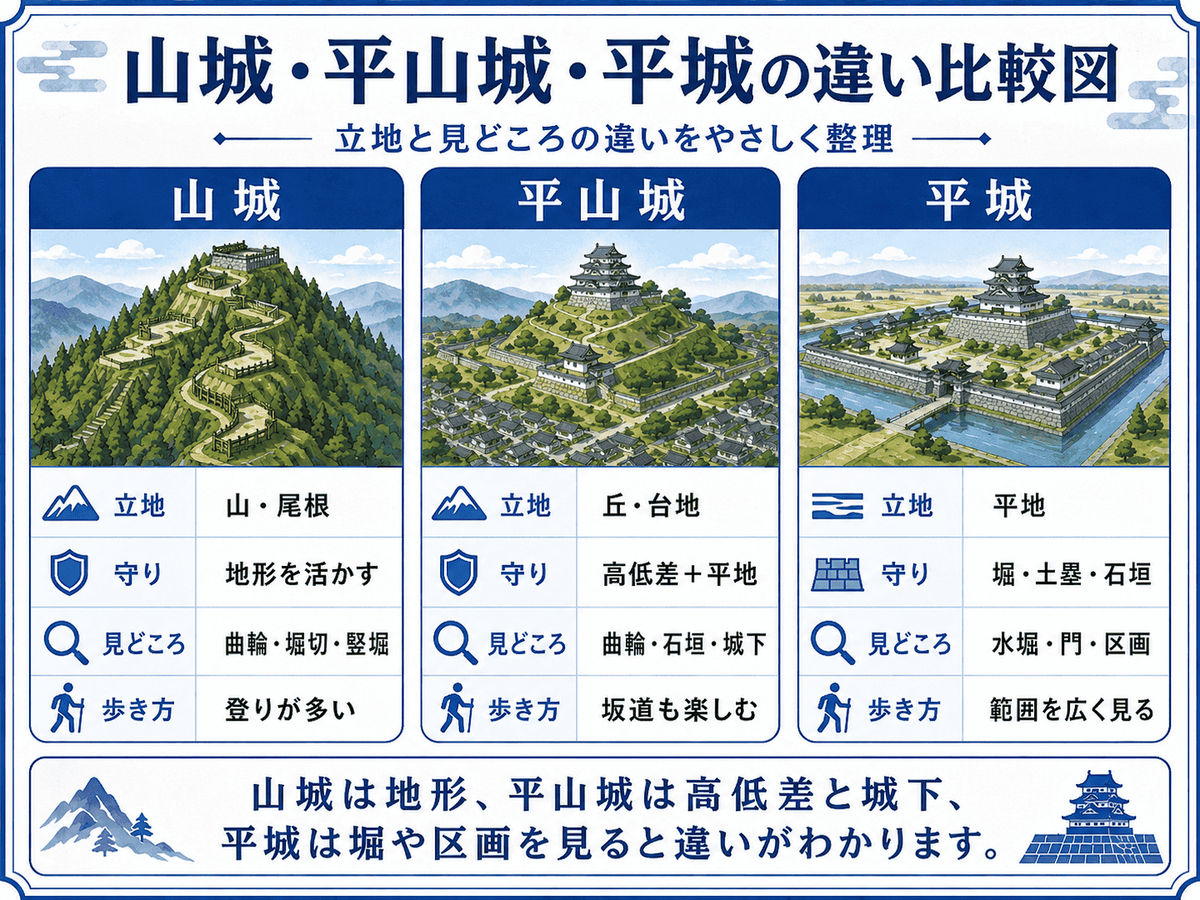 山城 平山城 平城の違いを比較した図解 山城は山や尾根 平山城は丘や台地と平地 平城は平地を利用し 堀や水堀で守る城として立地と見どころの違いを整理している