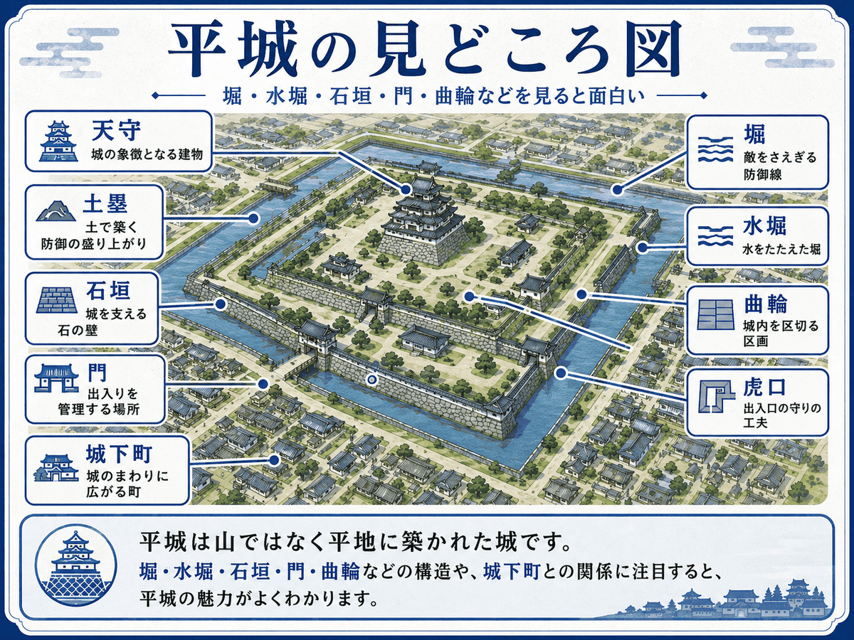 平城の見どころを示す図解 堀 水堀 土塁 石垣 曲輪 門 橋 天守 城下町との関係に注目すると 平城の特徴がわかることを初心者向けに整理している