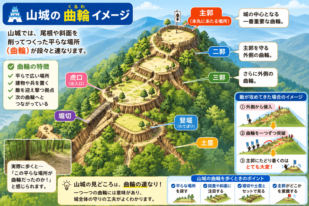 山城の曲輪イメージを示す図解 尾根や斜面に曲輪が段々と並び 主郭や二郭 三郭と堀切 土塁 虎口の関係を初心者向けに整理している