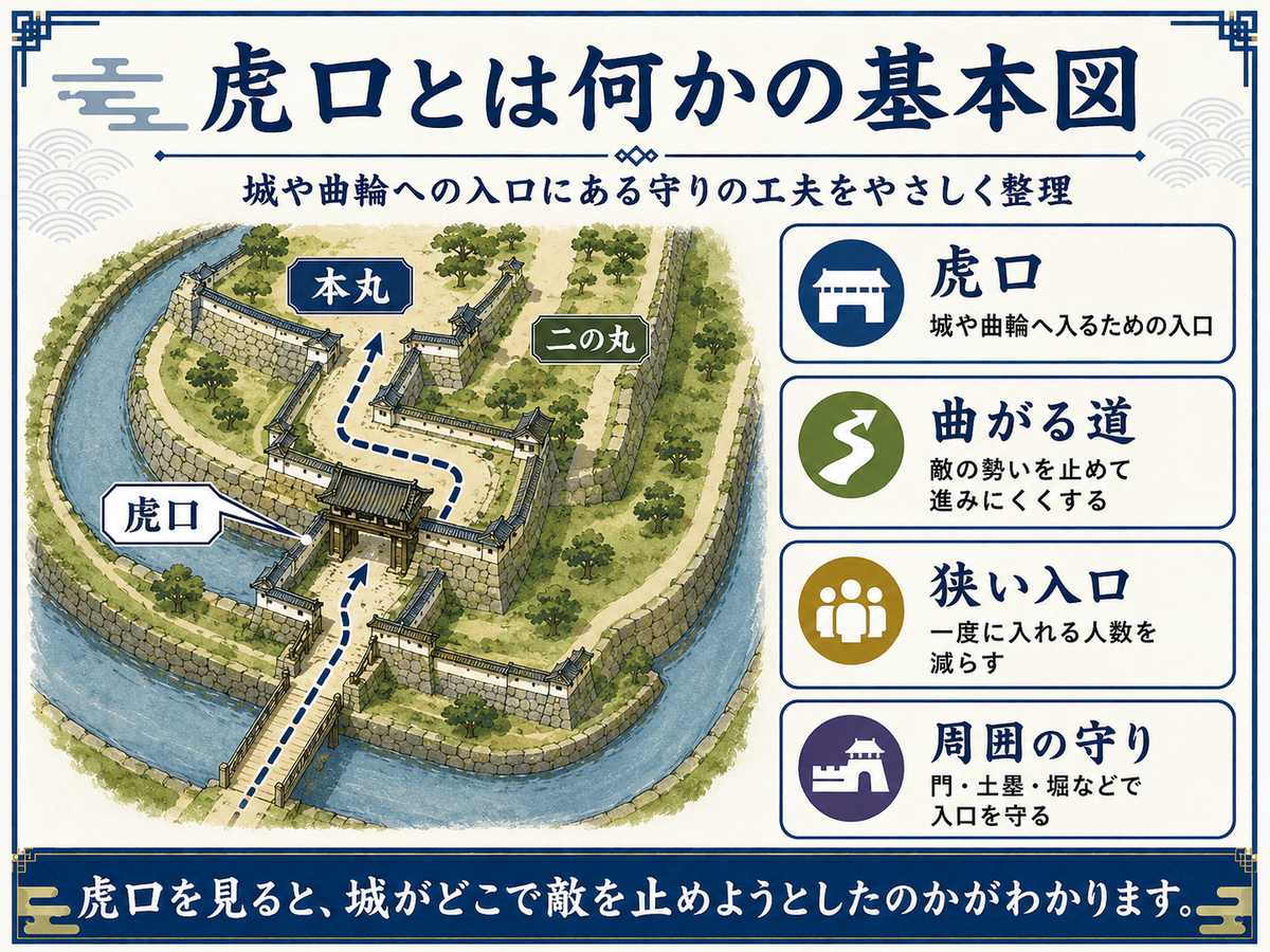 虎口とは城や曲輪の入口であり 道を曲げる 狭くする 土塁や門で囲むなどの工夫で敵の勢いを止める防御ポイントであることを示す図解