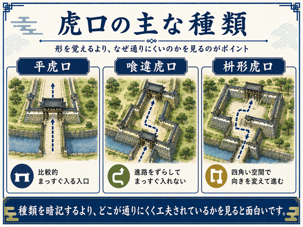 平虎口は比較的まっすぐ進み 喰違虎口は土塁をずらして進路を曲げ 枡形虎口は四角い空間で向きを変えて進むことを比較した図解